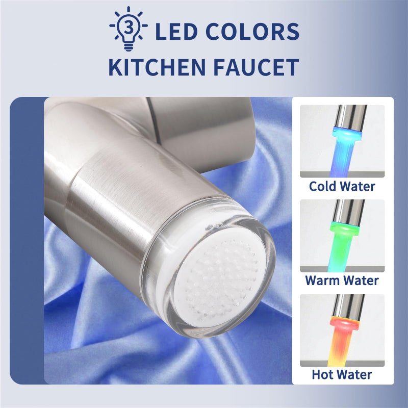 Fapully Kitchen Faucets with Pull Down Sprayer,Commercial Single Handle Kitchen Sink Faucet with LED Light,Brushed Nickel - Image 5
